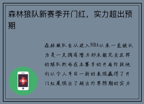 森林狼队新赛季开门红，实力超出预期